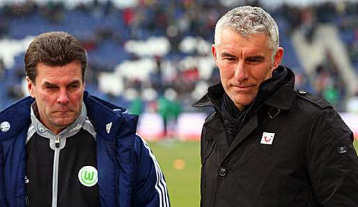 Mirko Slomka (r.) und Dieter Hecking vor dem Niedersachsenderby