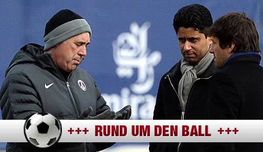 Der Präsident von Paris, Nasser Al-Khelaifi (M.), will sich am Sonntag mit Ancelotti treffen