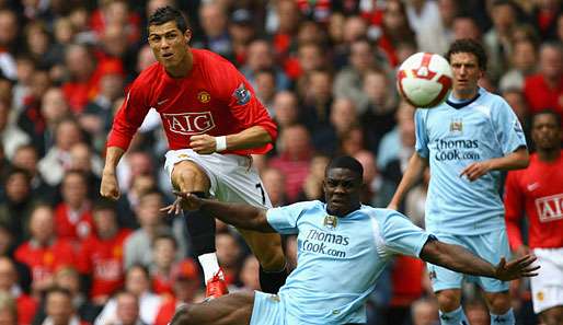 Cristiano Ronaldo (l.) markierte im Deby gegen City seinen 18. Liga-Treffer dieser Saison