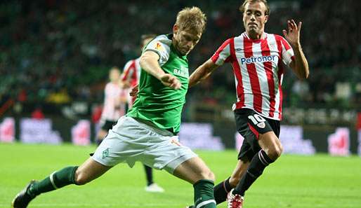 Aaron Hunt (l.) erzielte beim 3:1 Sieg von Bremen im Hinspiel gegen Bilbao das 1:0