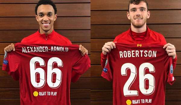 Trent Alexander-Arnold und Andrew Robertson präsentieren das "neue" Champions-League-Trikot des FC Liverpool.