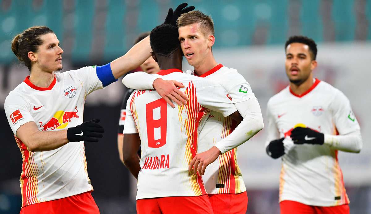 Marcel Sabitzer (l.) und Dani Olmo erzielten die beiden Tore für RB Leipzig.