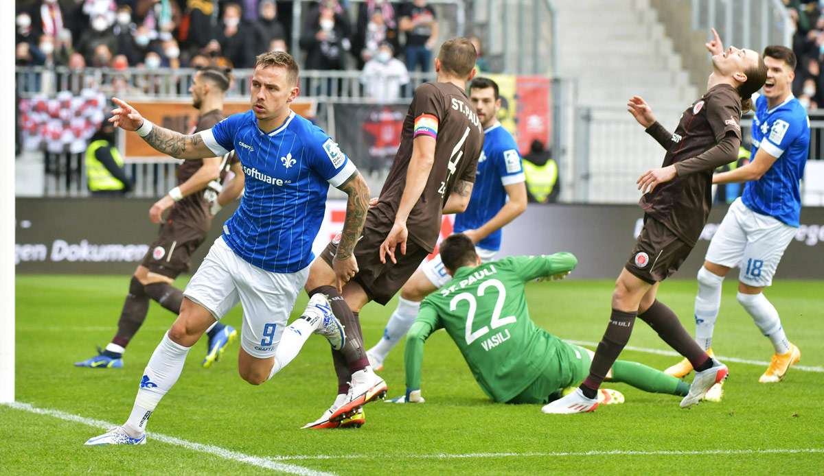 Top-Torjäger Tietz schießt das 1:0 Darmstadts gegen St. Pauli.