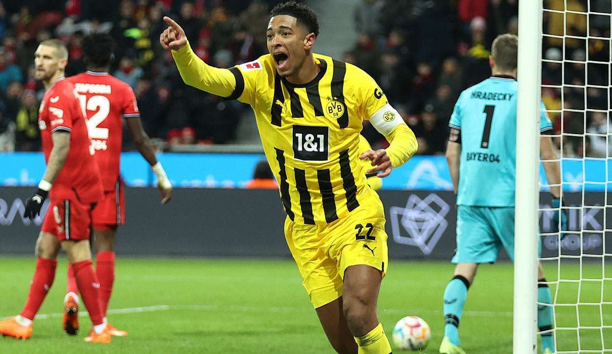 Kapitän Jude Bellingham bejubelt den Treffer zum 2:0 für den BVB in Leverkusen.
