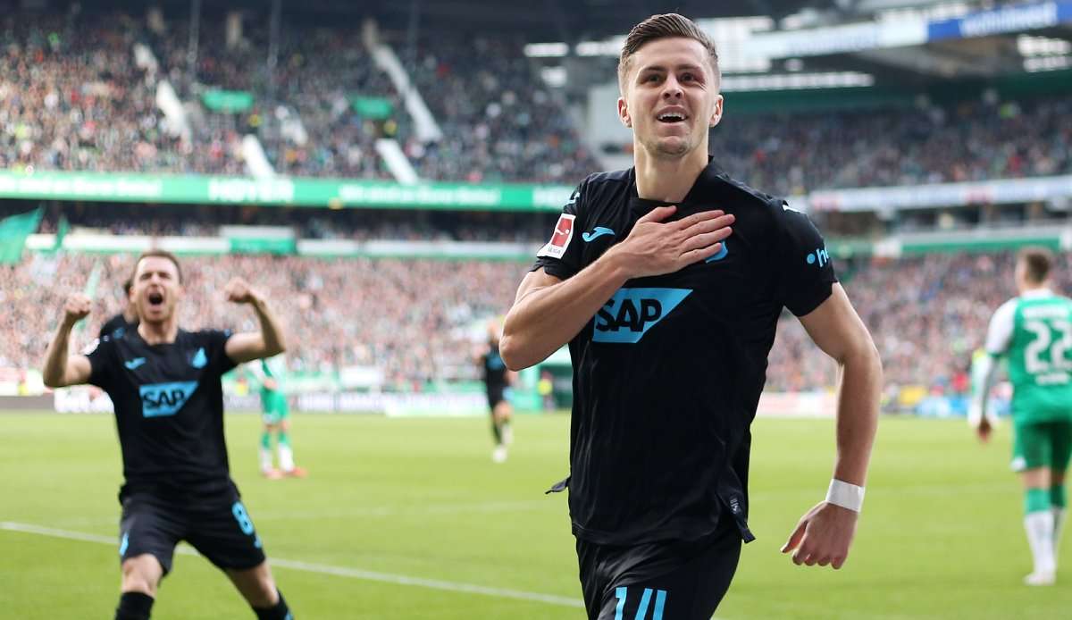 Christoph Baumgartner von der TSG Hoffenheim freut sich über sein Tor gegen Werder Bremen.