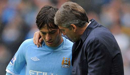 ManCity-Coach Roberto Mancini (r.) und sein Weltmeister David Silva