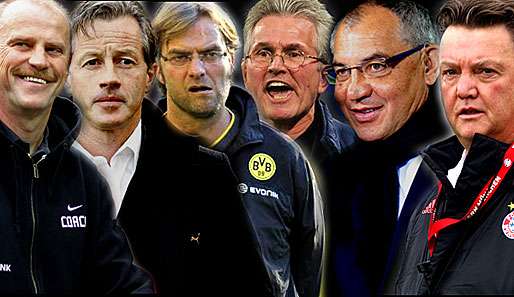 Für sie wird es ernst: Schaaf, Keller, Klopp, Heynckes, Magath & van Gaal (v.l.)