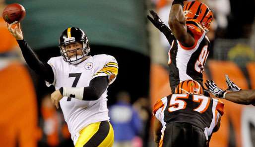 Da kommt sie, die Meute! Steelers-Quarterback Ben Roethlisberger (l.) unter Druck