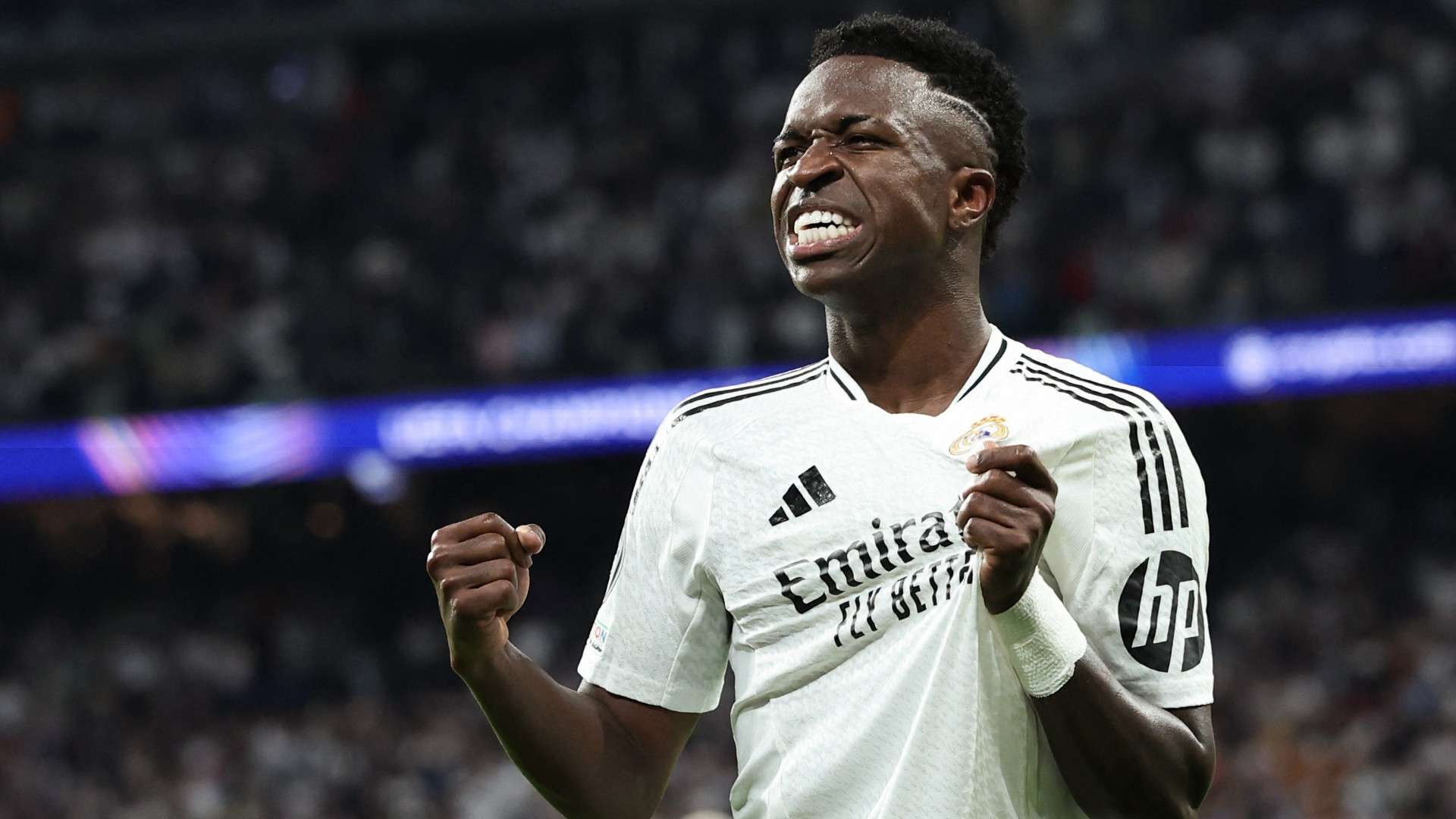 Real Madrid's Brazilian forward #07 Vinicius Junior celebrates after scoring