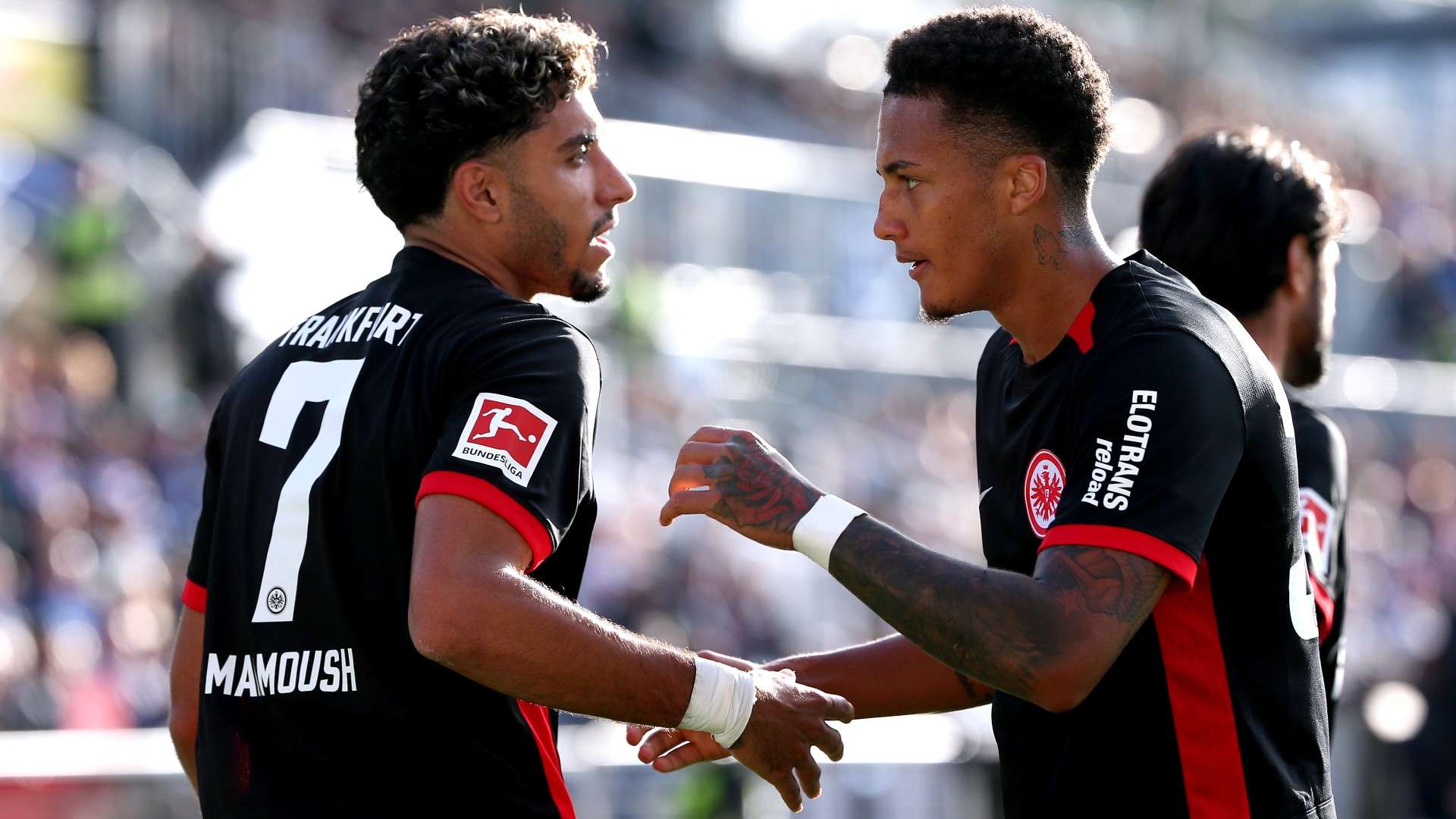 Tuta of Eintracht Frankfurt celebrates scoring his team's fourth goal with teammate Omar Marmoush 