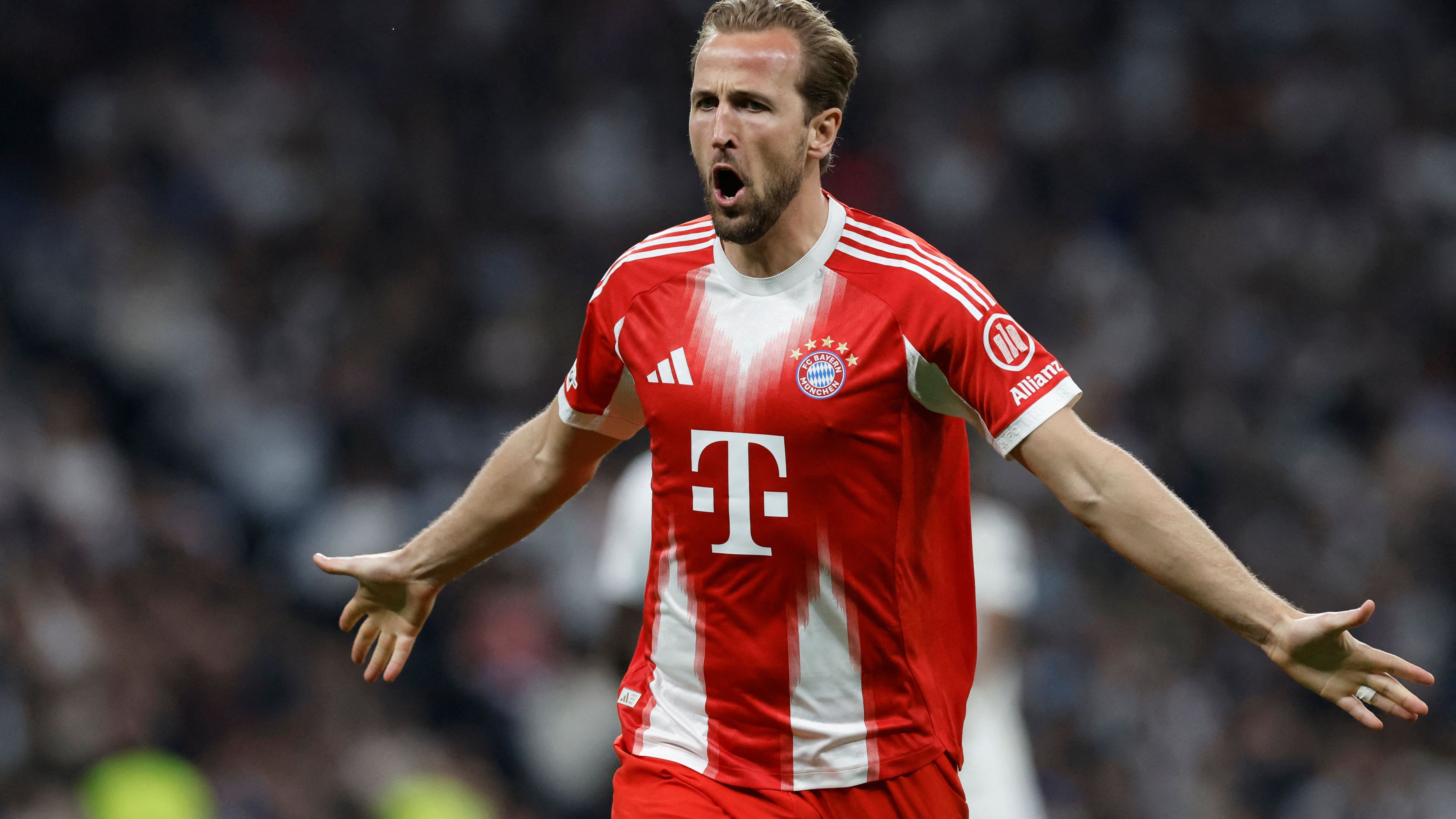 Harry Kane celebrates scoring for Bayern Munich against Real Madrid